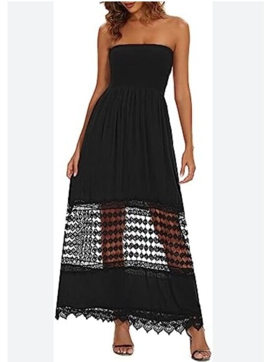 Justify Dresses & Skirts - Justify Black Strapless Smocked Crocheted Maxi Dress Size L Sexy Summer Wedding